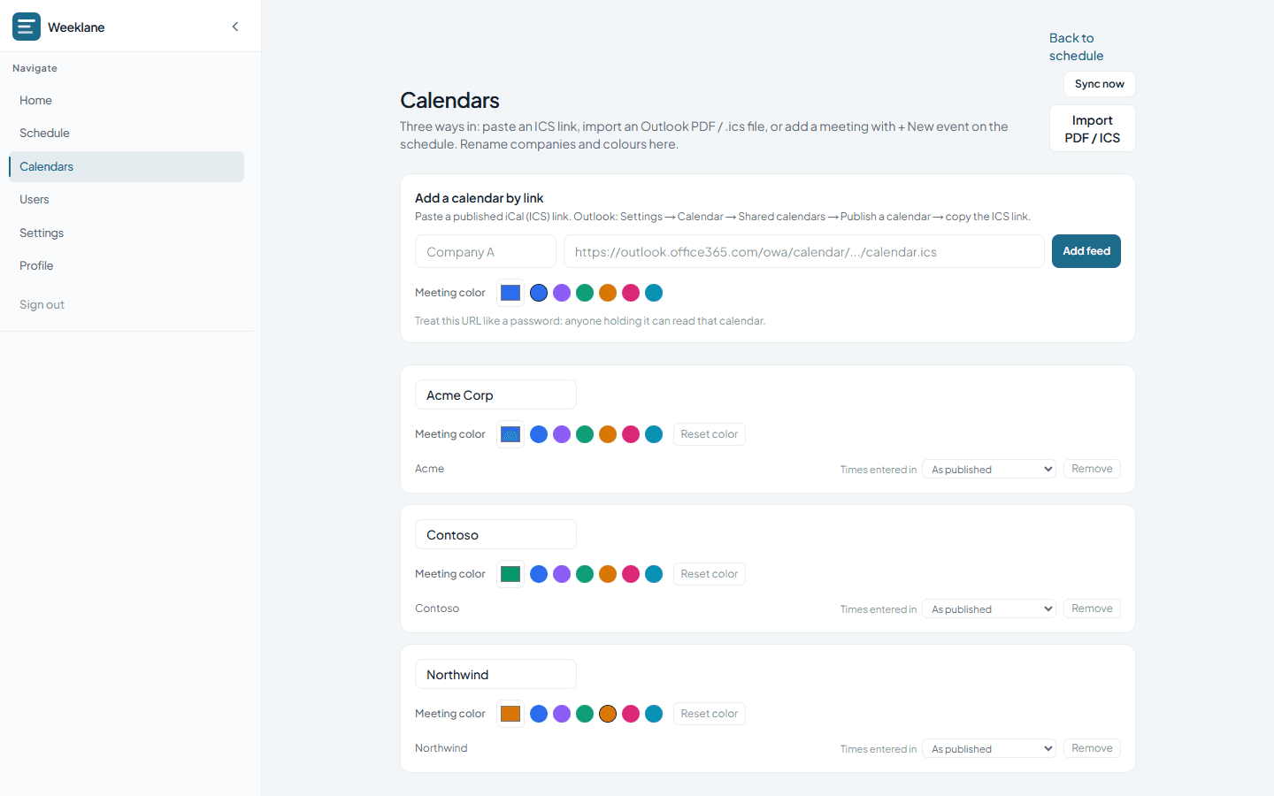 Weeklane dashboard screenshot