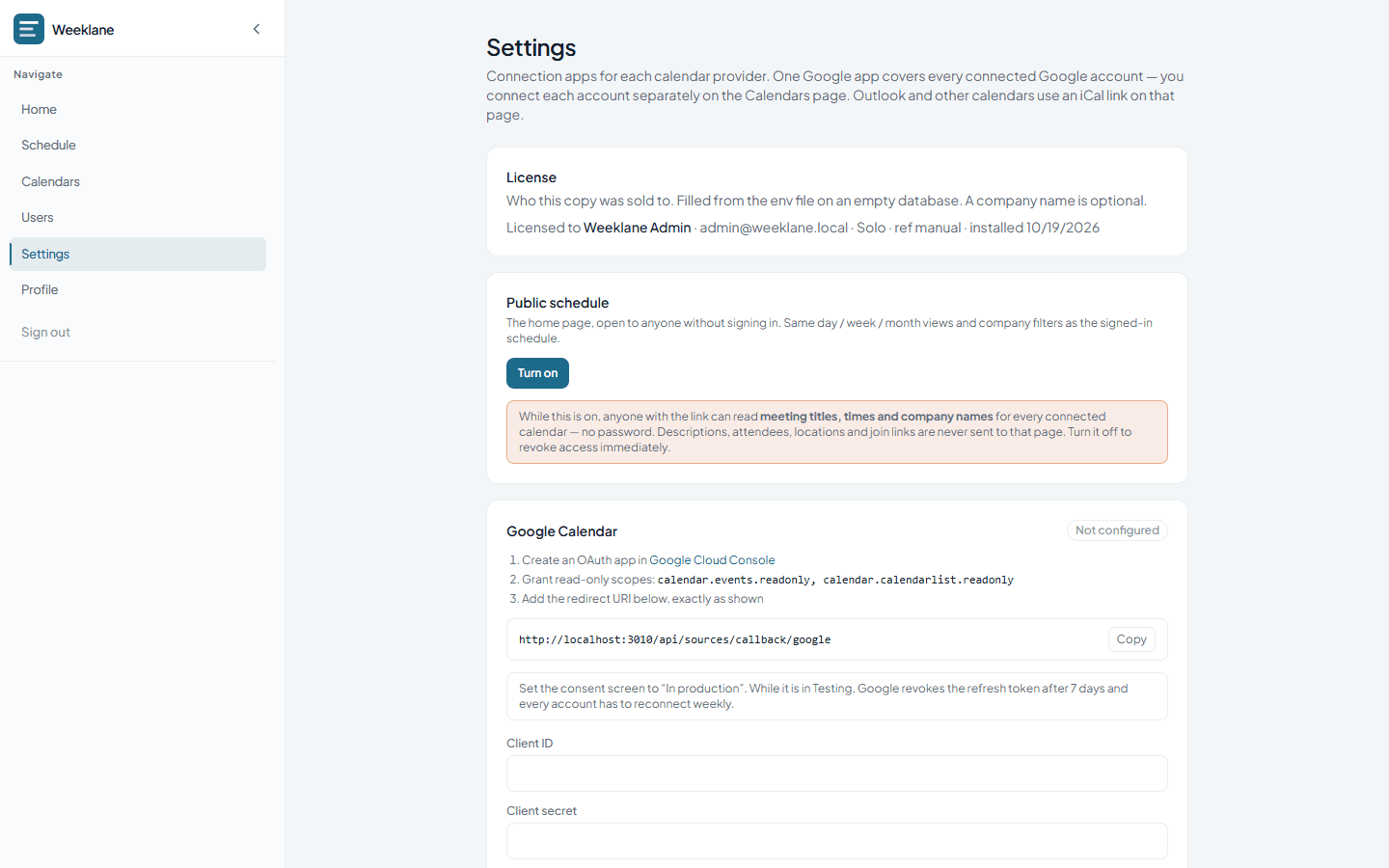 Weeklane dashboard screenshot